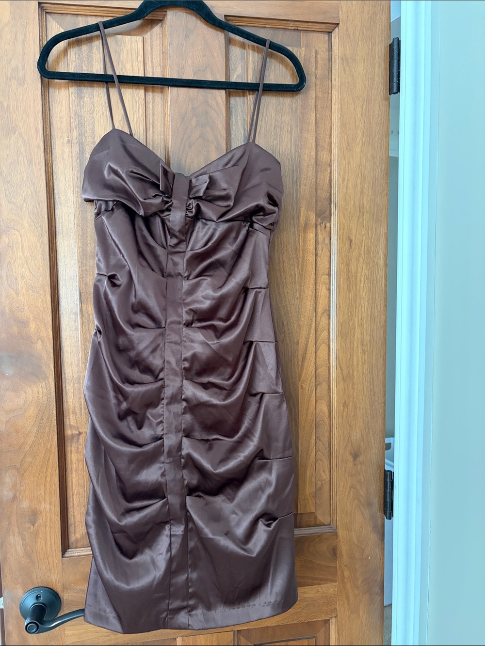 B Darlin Brown Satin Spaghetti-Strap Mini Dress